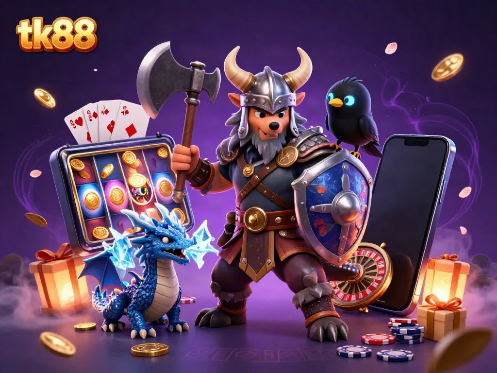 Engage in epic gaming adventures at tk88 with a Viking warrior and dragon amidst dynamic casino elements.