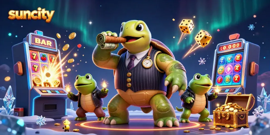 Suncity jackpot explosion with cartoon turtle and bullfrog enforcers in a rich casino scene filled with excitement.