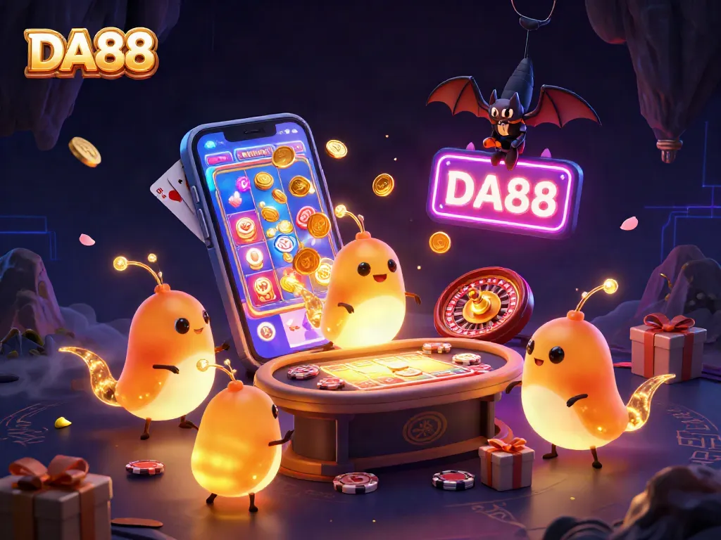 DA88 vibrant gambling scene with glowworms and a bat dealer, showcasing a colorful casino theme.