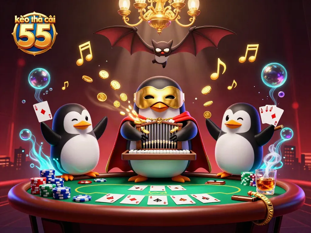 Experience thrilling moments at kèo nhà cái 55 with our dynamic gambling scene illustration featuring vibrant characters and casino elements.