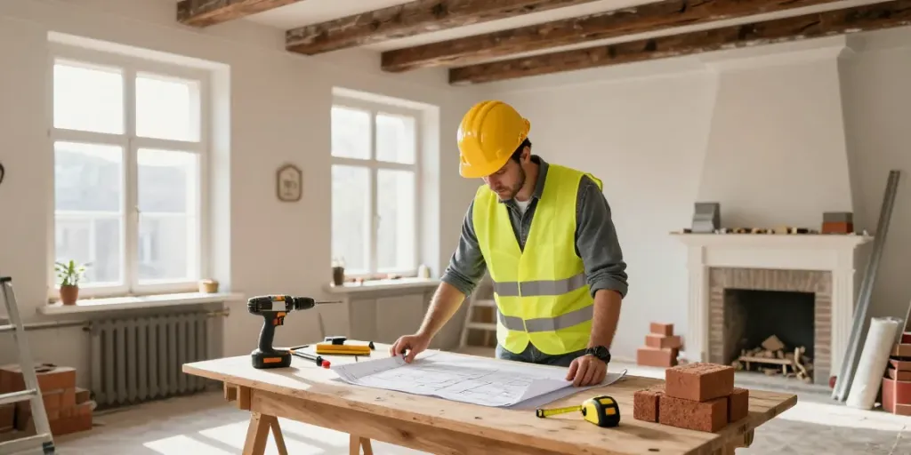 Altbausanierung: Handwerker prüft Baupläne in einem charmanten Altbau mit Renovierungswerkzeugen und Materialien.