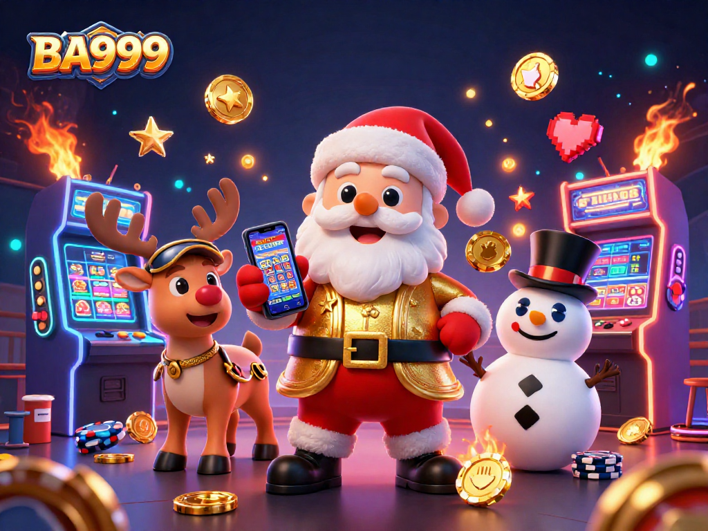 Engage with BA999 in a vibrant 3D casino scene featuring slot machines, Santa, and festive companions.