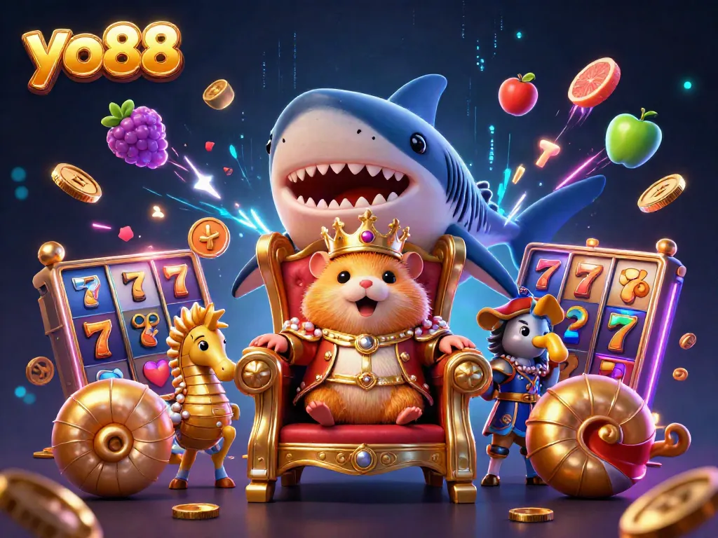 Experience the excitement of yo88 with a whimsical scene featuring a golden hamster king and gaming reels.