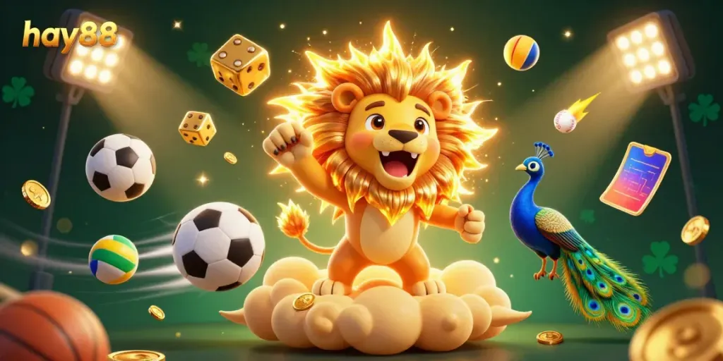 Spin to win with hay88 in this vibrant 3D casino scene showcasing gaming excitement.