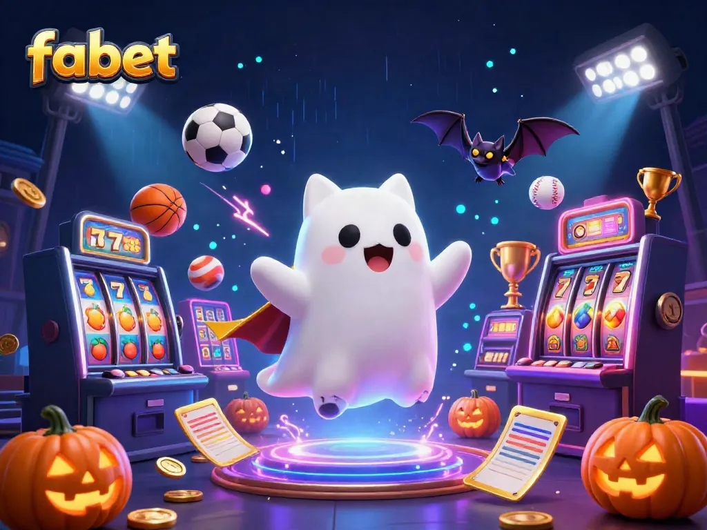 Experience the enchanting world of fabet's haunted casino with a ghost cat and sports elements in vibrant detail.