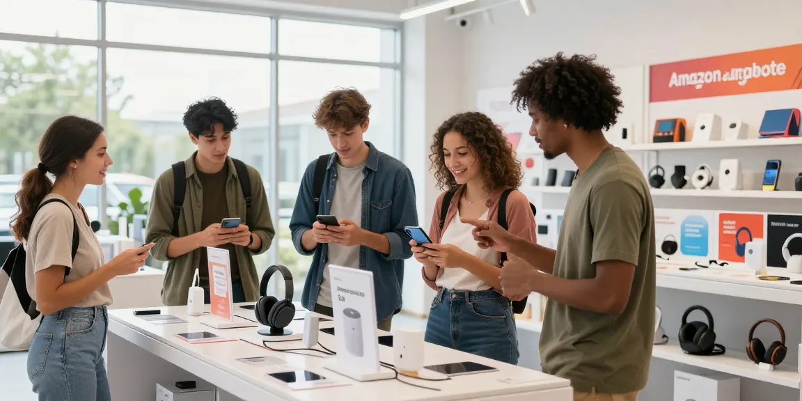 Excited shoppers exploring Amazon Angebote at a modern retail store, comparing prices and enjoying discounts on electronics.