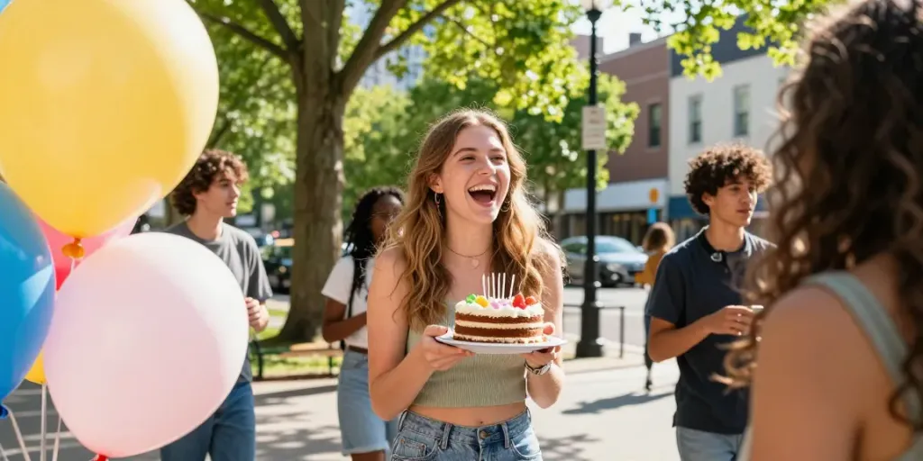 Brianna Lyman age and height celebrated outdoors with friends in a vibrant birthday scene.