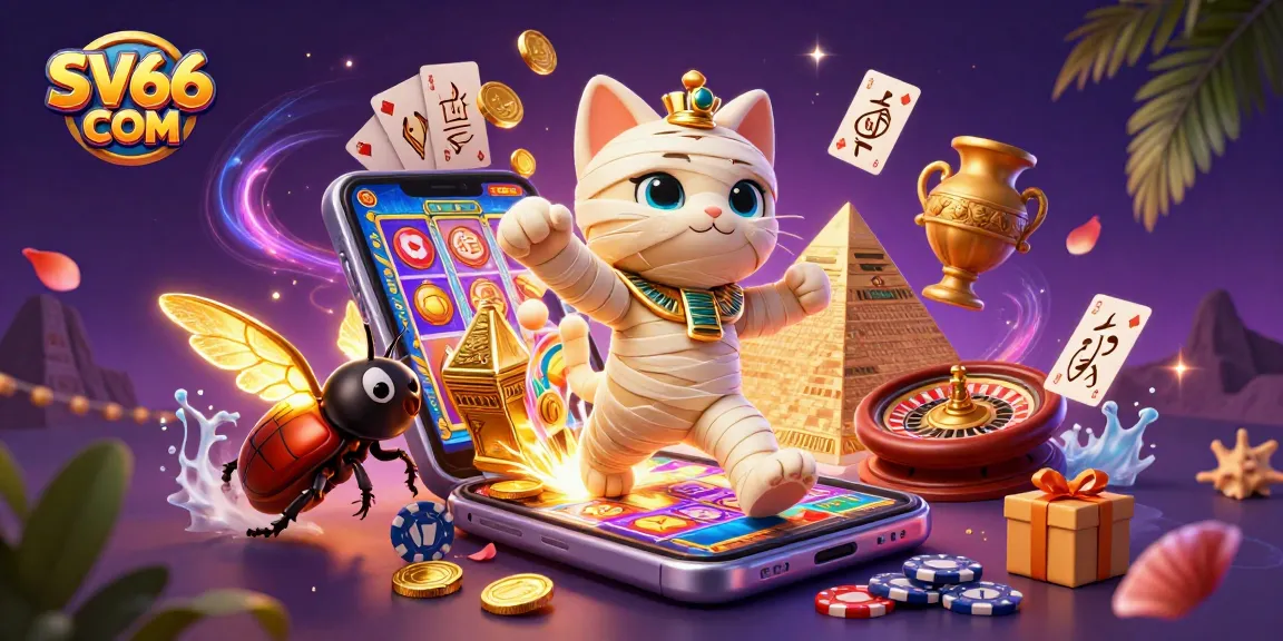 Players enjoy thrilling games at SV66 COM, featuring a lively pyramid casino scene with Egyptian characters.