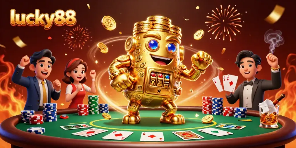 Experience lucky88 with a dynamic scene featuring a golden golem, poker elements, and celebratory confetti.