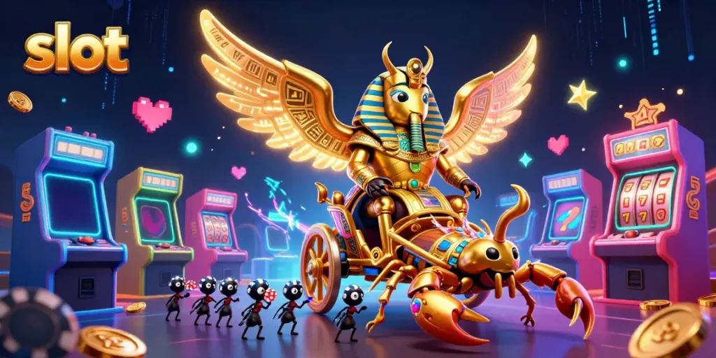 Experience thrilling slot action with a golden beetle chariot in a vibrant 3D casino scene.