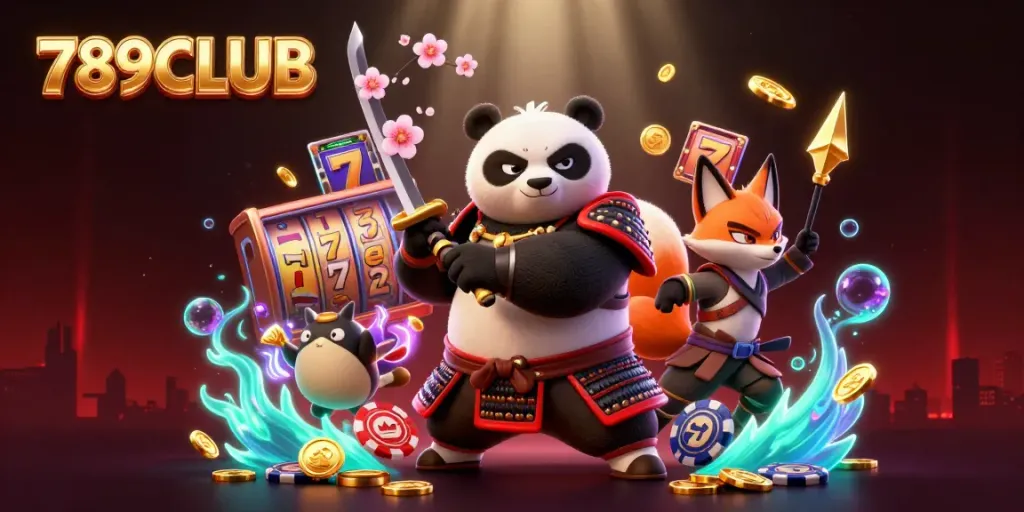 Experience the excitement of 789CLUB with dynamic 3D characters and casino elements in a vibrant casino scene.