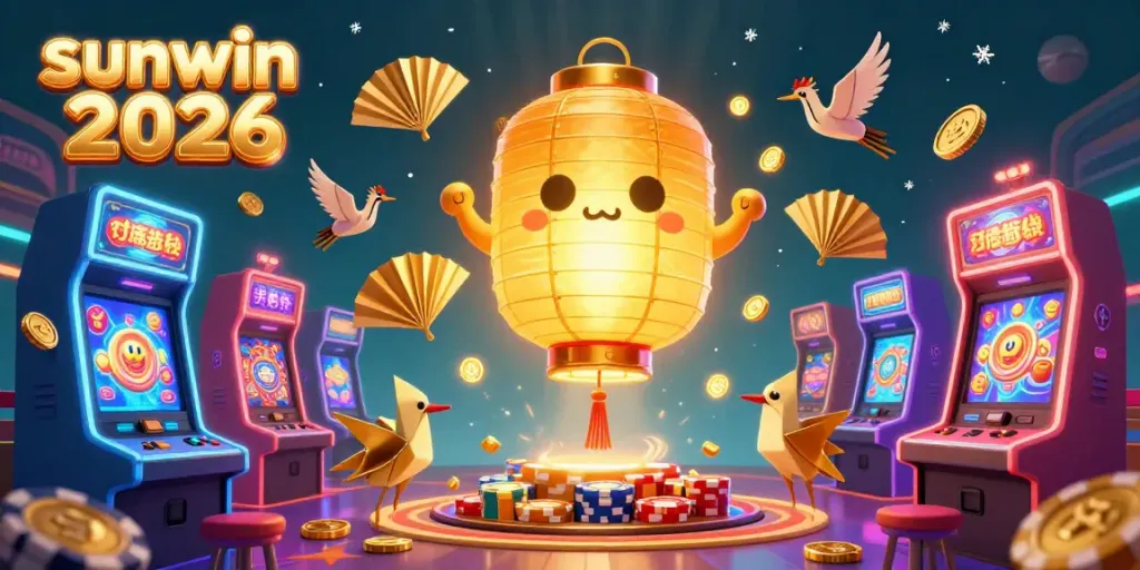 Experience sunwin 2026 with a vibrant 3D illustration showcasing a golden lantern spirit at a lively casino.