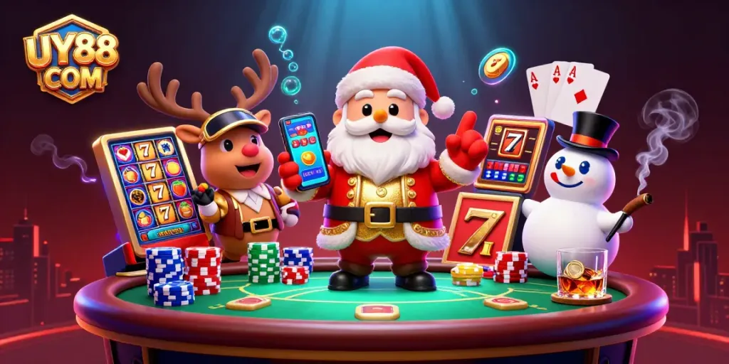 Experience winning slots with UY88 COM at a vibrant casino-themed celebration featuring engaging characters.