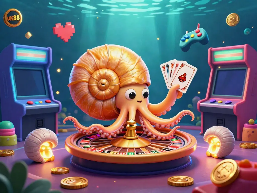 Engage with UK88's vibrant casino gaming scene featuring a cartoon nautilus roulette and colorful arcade machines.