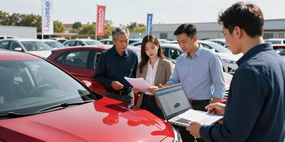 Prospective buyers reviewing the best car history check UK report at a dealership.