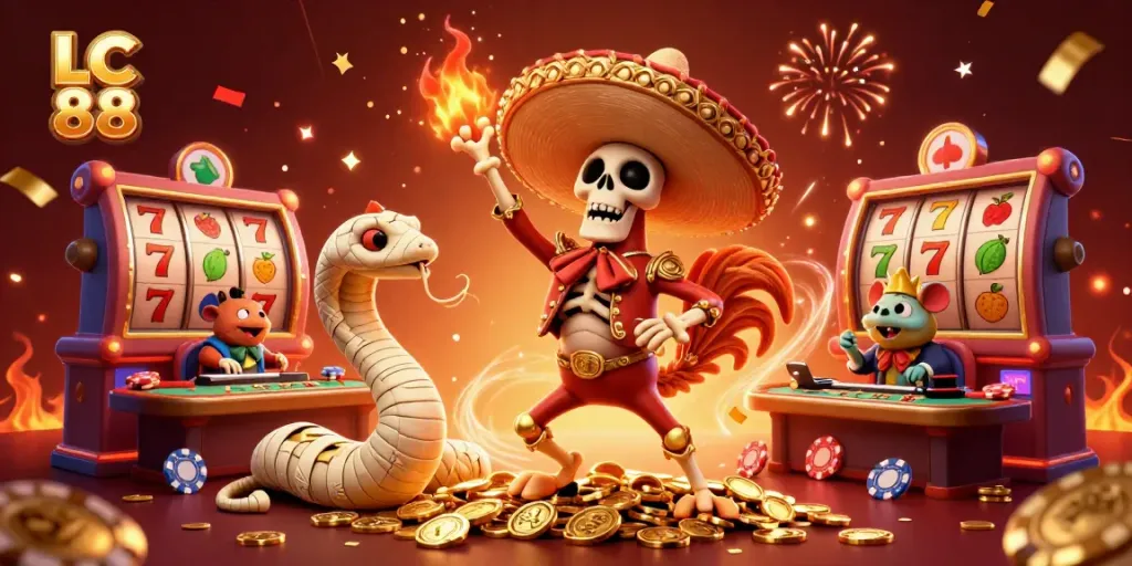 Win big with LC 88 as the skeleton mariachi rooster dances on coins in a vibrant casino scene.