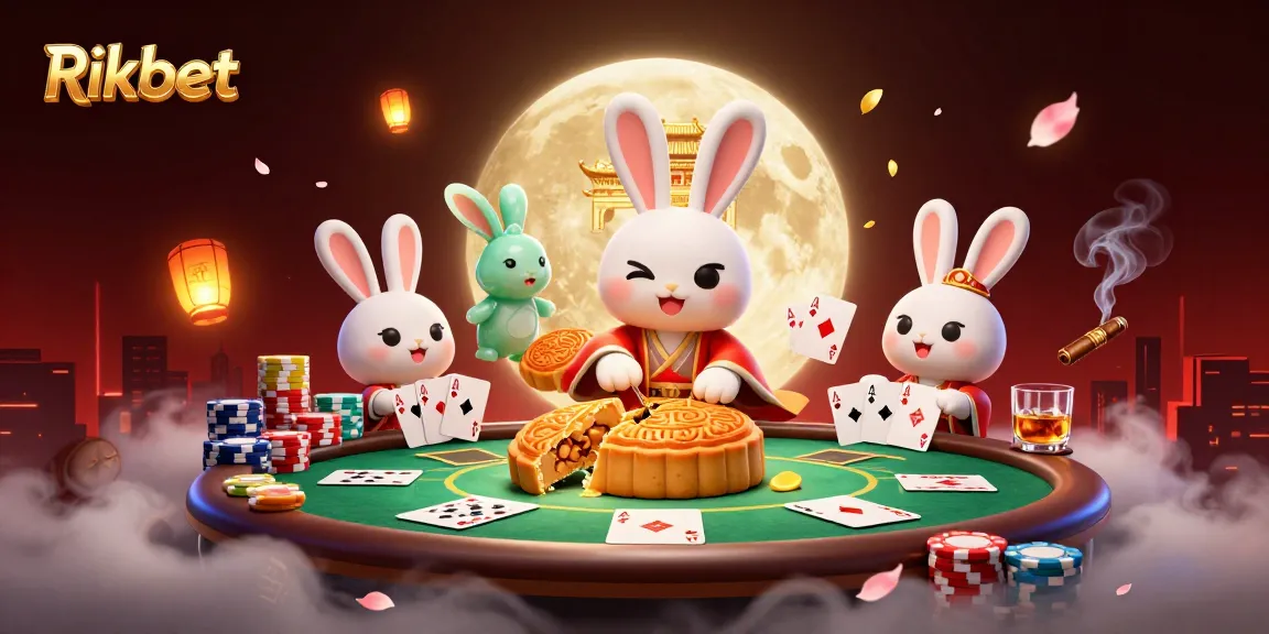 Rikbet highlights a 3D moon rabbit driving excitement at an online casino adventure with poker chips.