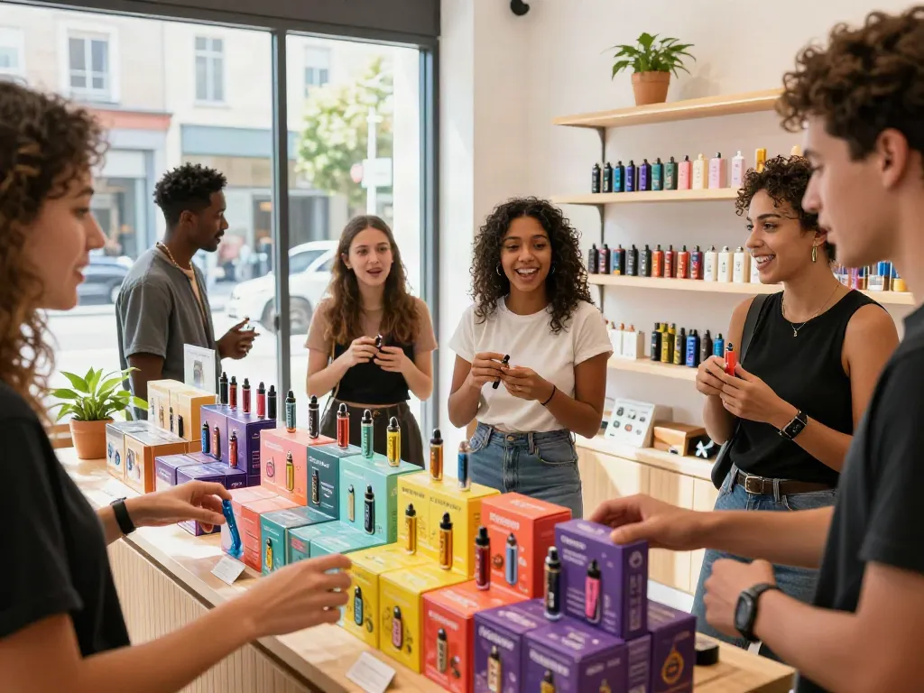 Customers enjoying their experience as they Flerbar vape kaufen at a vibrant urban shop.