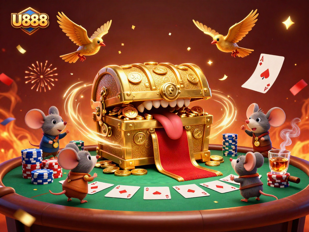 Experience the thrilling world of U888 casino gaming with golden treasures and dynamic poker elements.