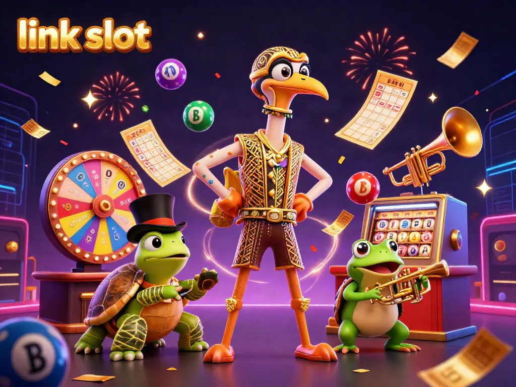 Experience exciting wins with vibrant link slot themes and characters in a 3D digital illustration.
