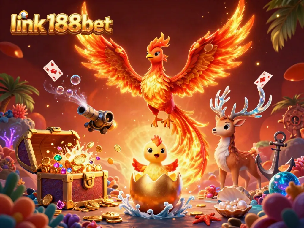Experience thrilling gameplay with link 188bet as cartoon characters and casino elements explode in gold and color.