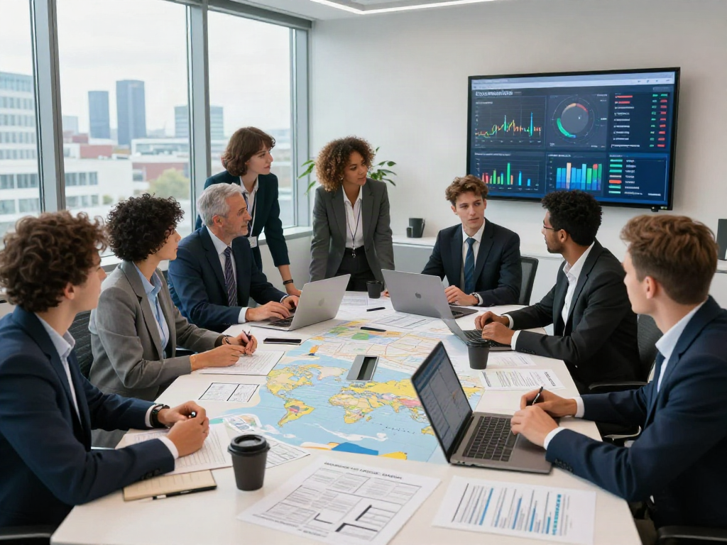 Professionelles Team bei einer Transportfirma in Düsseldorf plant internationale Transporte.