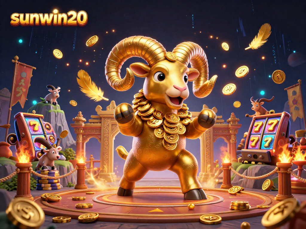 Experience sunwin20's thrilling jackpot action with a dynamic 3D casino scene featuring golden ram and vibrant elements.