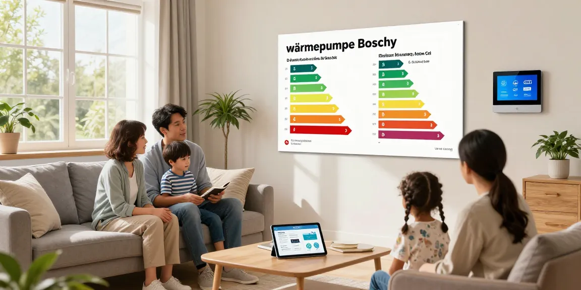 Family discussing benefits of wärmepumpe bosch in a bright living room.