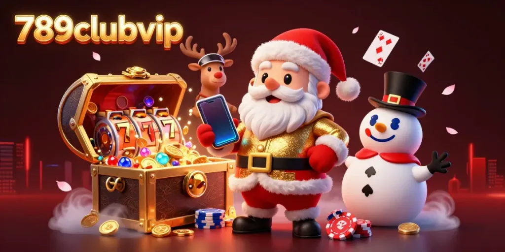 Experience the thrilling action of 789clubvip casino with Santa and his sidekicks amidst jackpot slots and treasure.