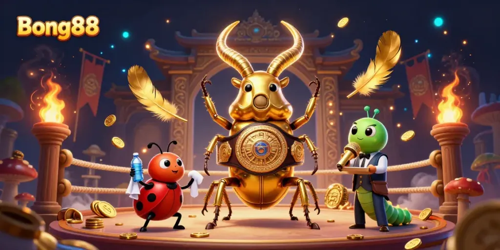 Experience the excitement of Bong88 with a 3D illustration of a giant stag beetle champion in a dynamic fighting arena.