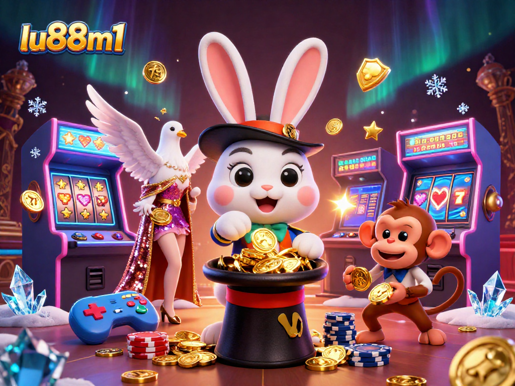 Sparkling casino scene with lu88m1 magician pulling coins, doves, and playful monkey amidst slot machines.