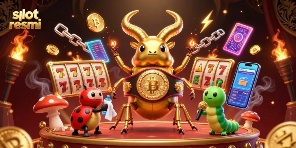 Engage with slot resmi through dynamic characters and vibrant casino elements in an exciting illustration.