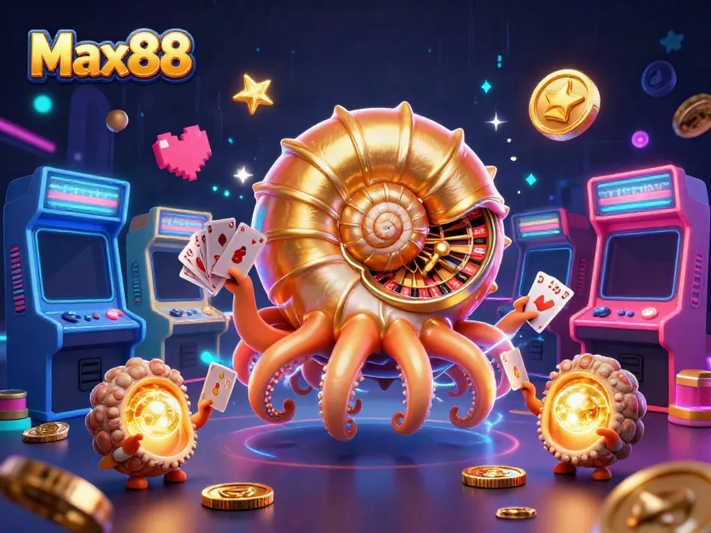 Max88 presents a thrilling casino adventure with a vibrant 3D nautilus and card games.