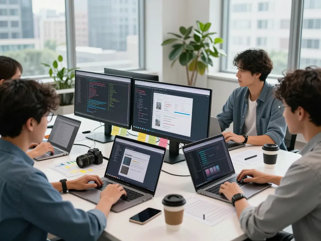 Entwickler, die in einem modernen Büro zusammenarbeiten, um eine Eigene Webanwendung erstellen zu lassen, wobei Teamarbeit und innovative Prozesse hervorgehoben werden.