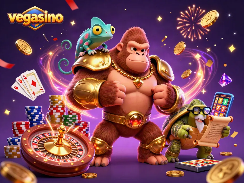 Experience excitement at vegasino with a powerful gorilla king and vibrant casino elements.