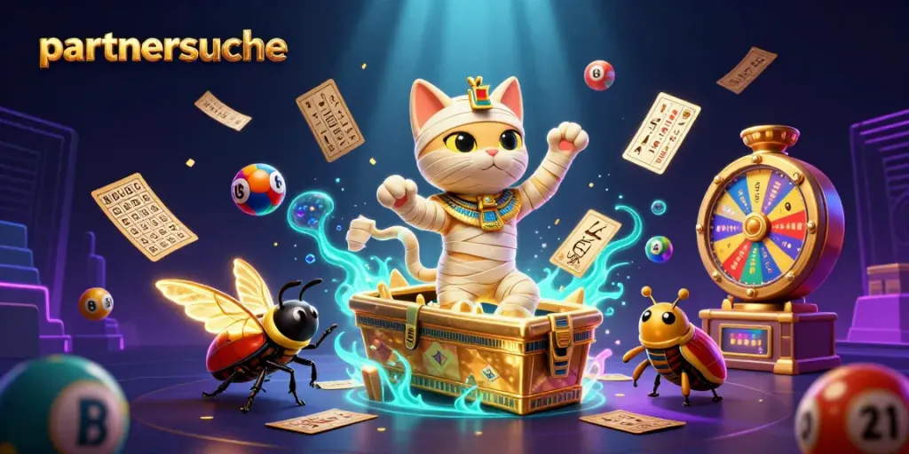 Engage in partnersuche with vibrant casino visuals showcasing the Egyptian mummy cat and golden elements.