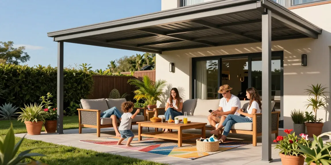 Familie unter einer modernen Terrassenüberdachung bei Sonnenschein, entspannte Atmosphäre im Garten.