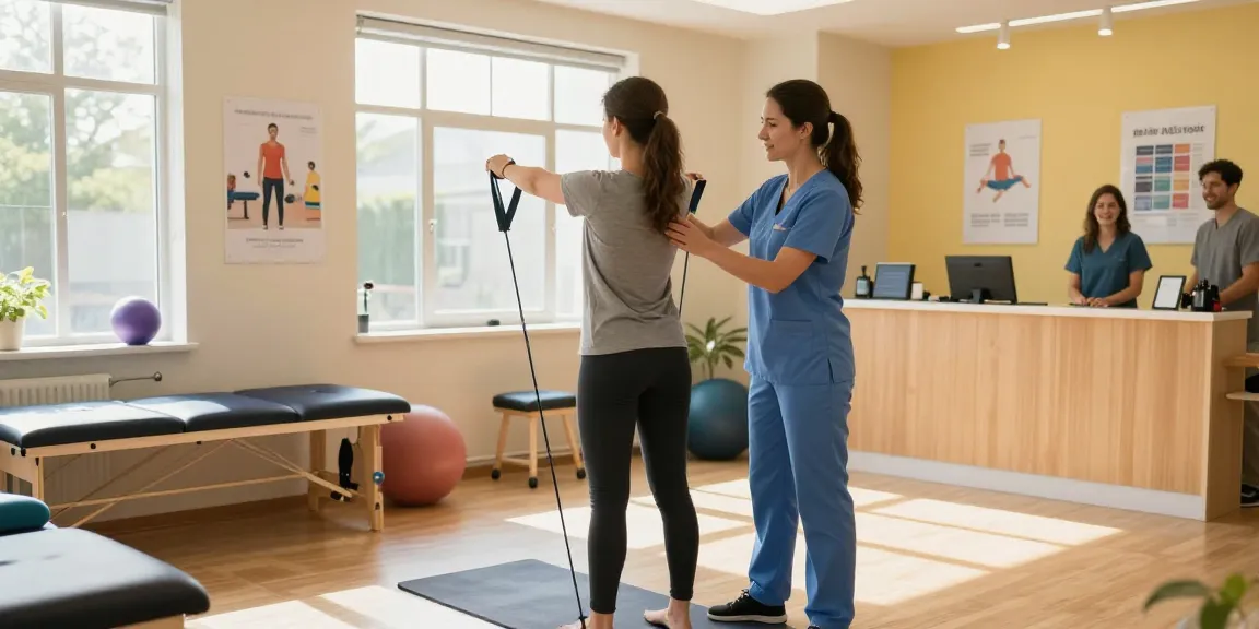 Physiotherapie in Hannover: Physiotherapeut unterstützt Patienten mit Widerstandsbändern in modernem, hellem Behandlungsraum.