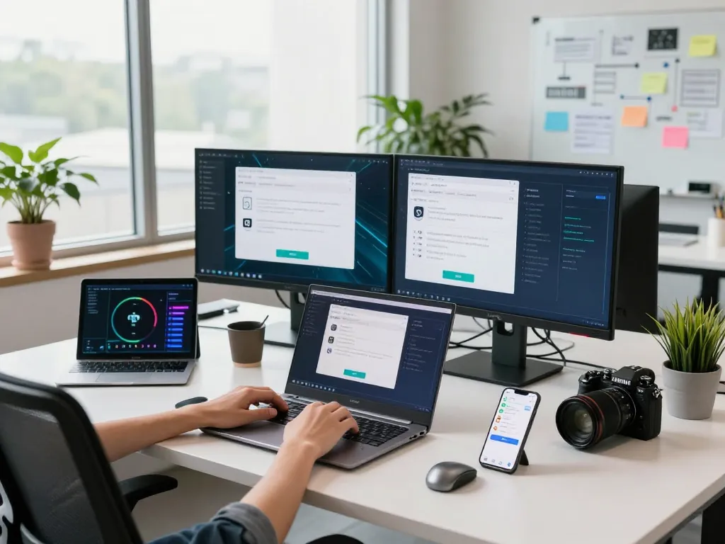 快连 VPN 在现代办公环境中的设置，多台屏幕显示安全连接。