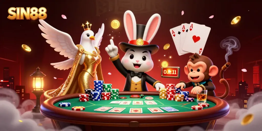 SIN88 magician rabbit creates a dazzling scene with golden coins, poker chips, and vibrant casino elements.