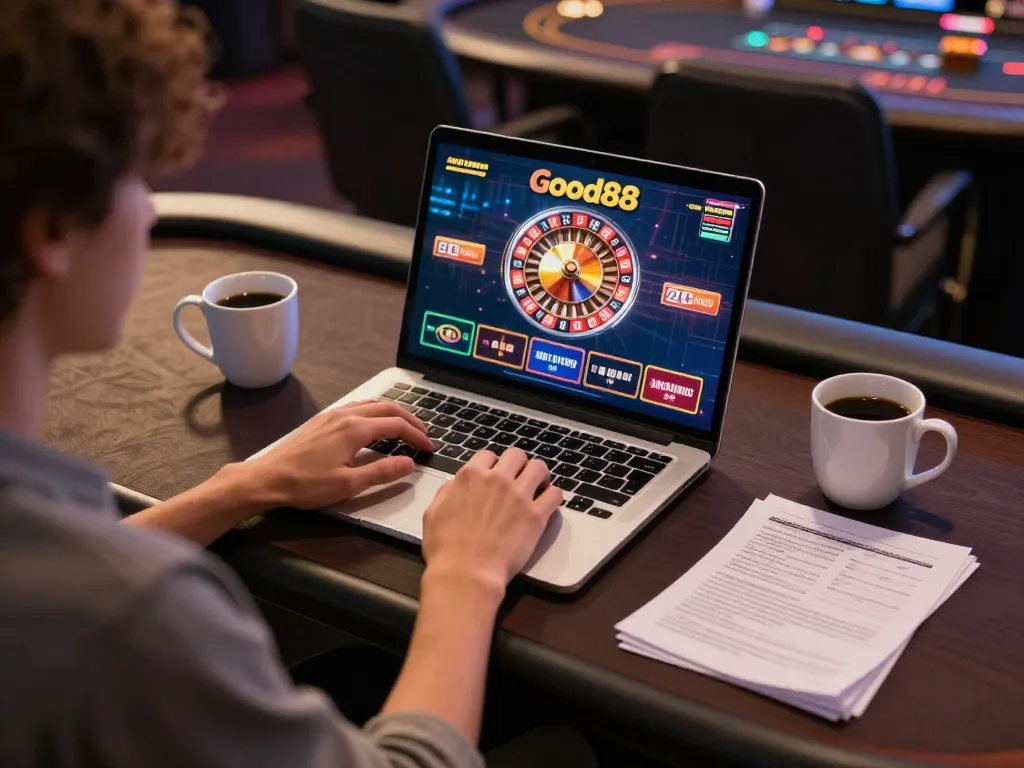 Player engaging with the Good88 online casino platform while strategizing for optimal gameplay.