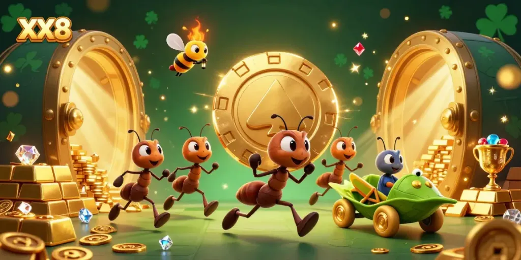 Engage with thrilling online gaming at XX8, as playful ants navigate a heist with a massive golden poker chip.