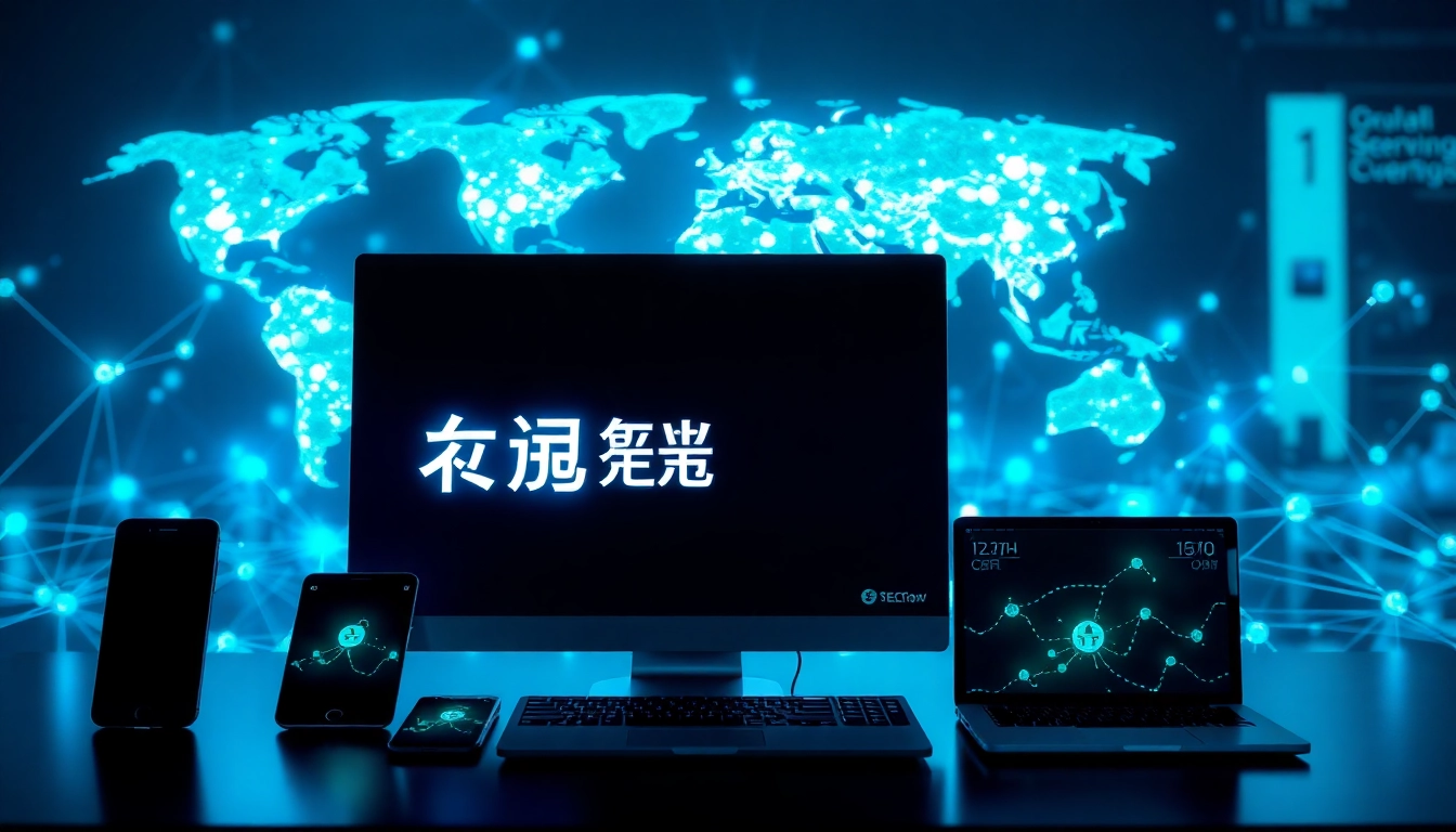 快连官网 showcasing high-speed secure connections across multiple devices in a vibrant, tech-focused digital landscape.