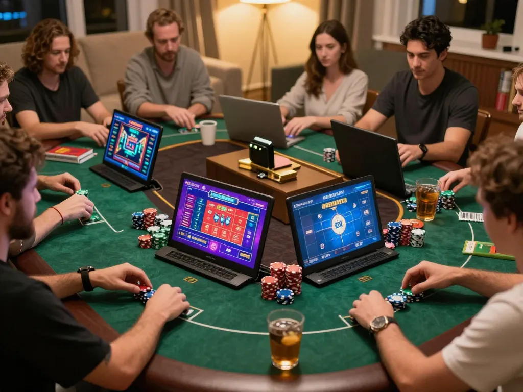 FIVE88 players enjoying online poker and slots in a cozy living room