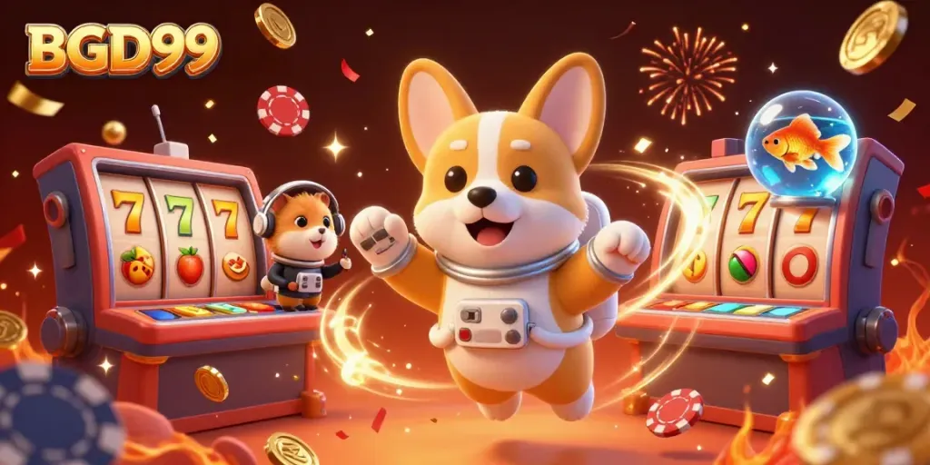 Engage with BGD99 at the vibrant space casino featuring a corgi astronaut amidst floating poker chips and slot machines.