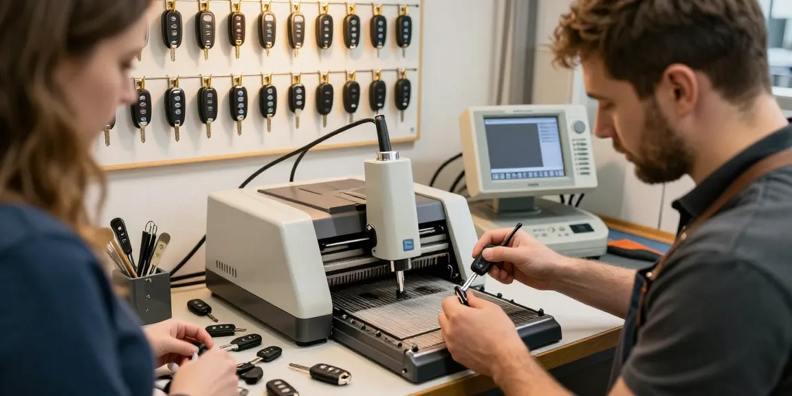 Autoschlüssel nachmachen im Fachgeschäft, Techniker beim Schneiden eines Autoschlüssels in warmem Workshop-Ambiente.