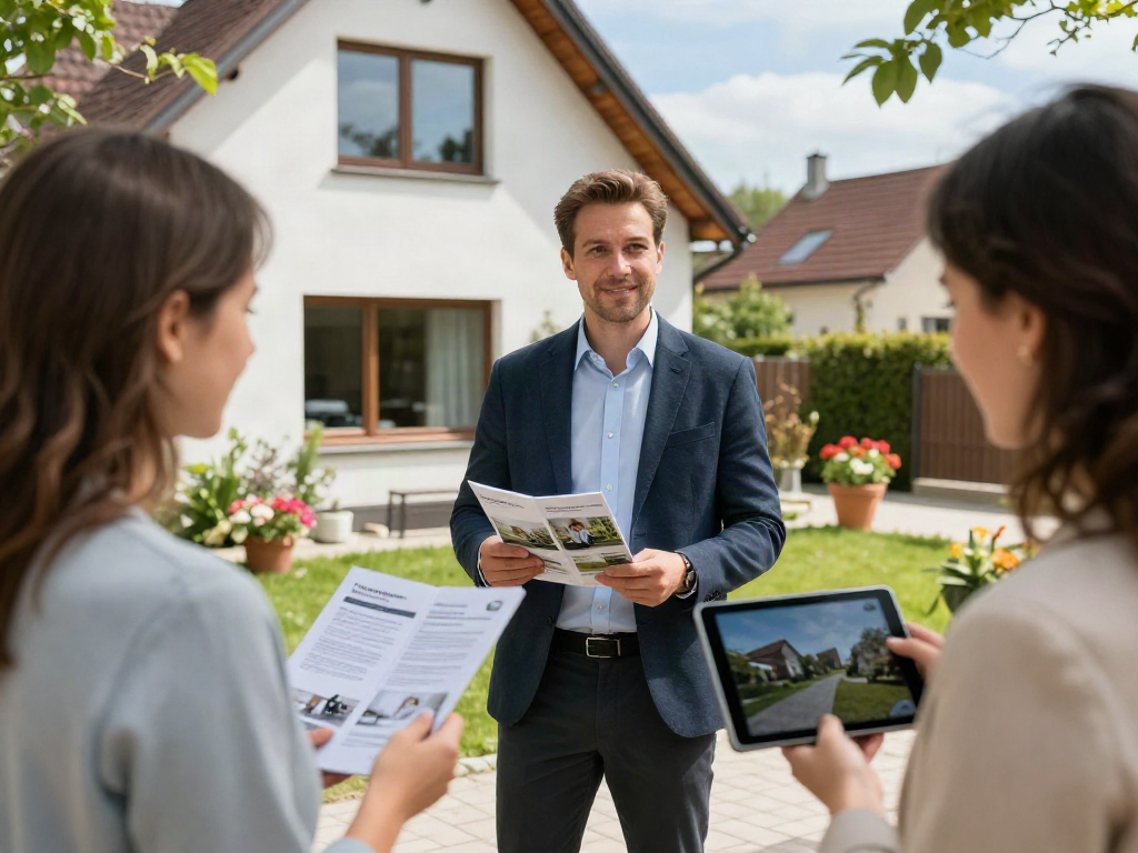Immobilienmakler Starnberg zeigt potenziellen Käufern eine moderne Immobilie in einer einladenden Gartenumgebung.