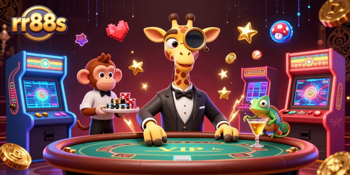 rr88s delivers a vibrant casino experience featuring a high-roller giraffe at a poker table, enhanced with arcade elements.