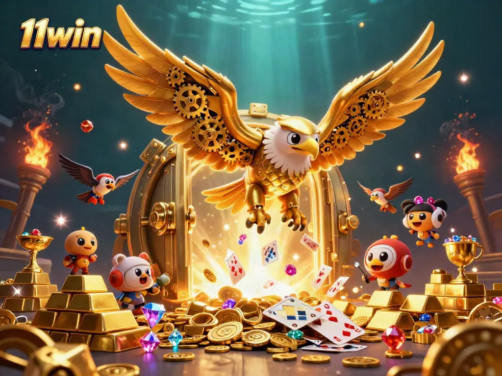 Experience thrilling wins at 11win with a 3D golden eagle amidst dazzling casino elements.