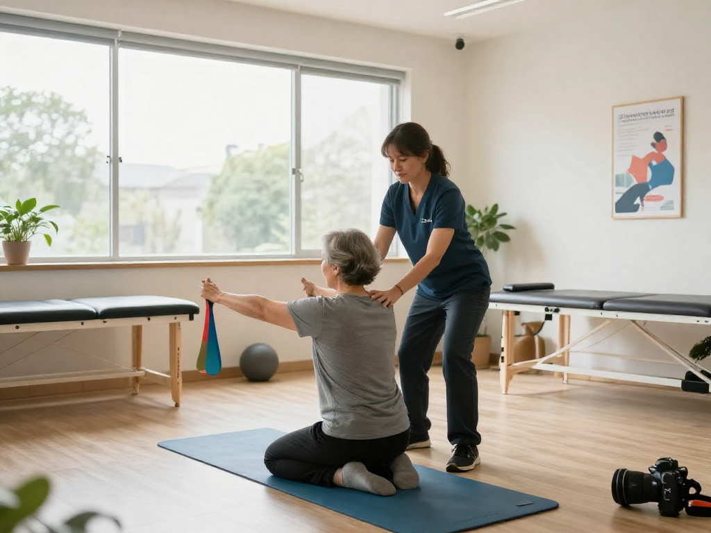 Physiotherapie in Hannover: Professioneller Physiotherapeut unterstützt Patient bei Rehabilitation in modernem Behandlungsraum.